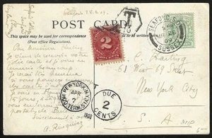 GREAT BRITAIN to USA 1909 Postage Due SS BRIGHTON Picture Postcard - Picture 1 of 2
