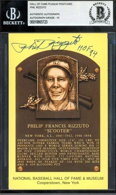 Phil Rizzuto Gem Mint 10 Beckett BAS Signed Gold Hall of Fame Plaque Postcard  - Image 1 of 2