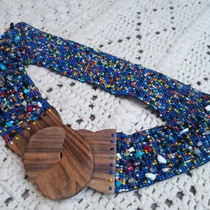 Vintage Statement Perlen Holz Steine Stretch Gürtel Boho Festival bunt künstlerisch eklektisch - Bild 1 von 13