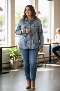 Western Azul Floral Manga Larga Perla Botón Mujer 3X Femenino Místico Suave - Imagen 1 de 11