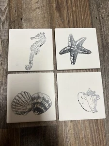 Lot of 4 Coastal Coasters Ceramic Shells Seahorse Beach Hand Stamped White - Picture 1 of 4
