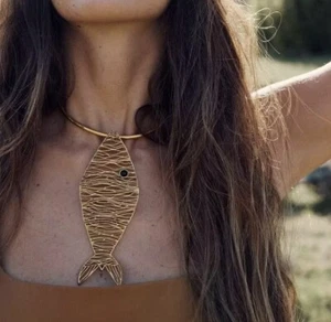Fish Choker Necklace Zara Open Collar Pendant Boho Statement Gold Y2K - Picture 1 of 6