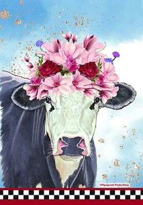 Black Cow Floral Decorative Flag - Picture 1 of 1