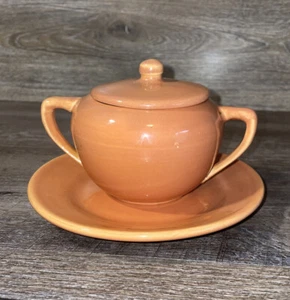 BAUER Pottery USA Orange Ceramic Sugar Bowl Lid Plate LA - Picture 1 of 9