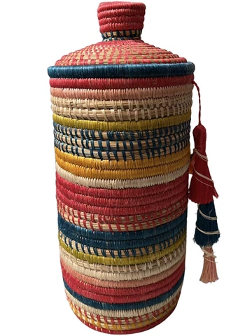 All Across Africa Colorful Cylinder Basket w/Lid & Tassel Handwoven in Rwanda Cover
