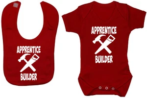 Apprentice Builder Babygrow Romper Vest & Feeding Bib 0-24m Boy Girl Gift - Picture 1 of 6