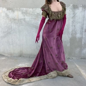 Vintage 1930s Does Regency Pink Velvet Embroidered Star Dress Costume Fur Train - Picture 1 of 24