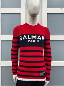 UltraRare & Great AW22 Balmain Virgin Wool Blend Logo Stripe Sweater - Picture 1 of 23