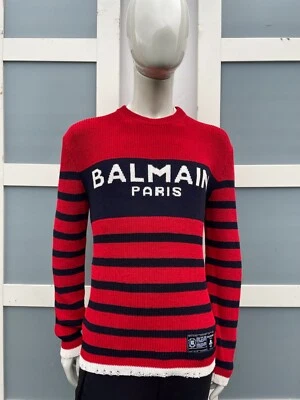UltraRare & Great AW22 Balmain Virgin Wool Blend Logo Stripe Sweater - Image 1 of 4