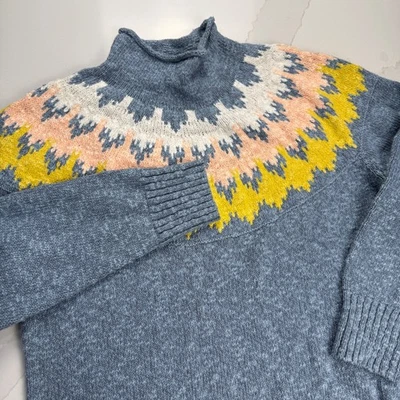 Suéter LLBean Fair Isle cuello falso azul amarillo rosa para mujer XL Foto 1 de 4