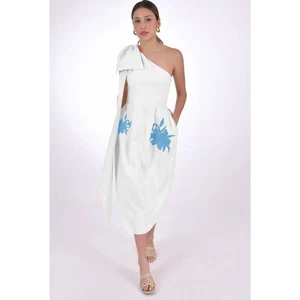 Fanm Mon Idyl Midikleid weiß Baumwolle Blumenstickerei One Shoulder Schleife Gr. XL - Bild 1 von 9