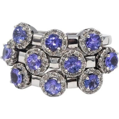 SONIA B. 14k White Gold Round Tanzanite & Diamond Three Band Ring 2.85CT Size 7 - Image 1 of 4