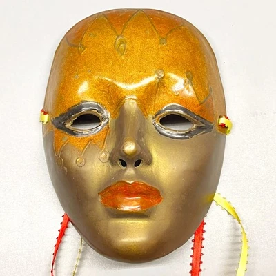 VTG Brass Enamel 6" Painted Face Mask Wall Decor Masquerade Mardi Gras Harlequin - Image 1 of 4