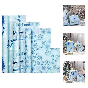 Blue Christmas Wrapping Paper - Mini Roll with Metallic Foil - Snowman/Crysta... - Picture 1 of 8