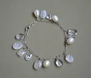 Lovely delicate sterling silver chain bracelet with pearl,quartz & crystal drops - Picture 1 of 8