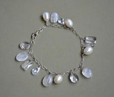 Lovely delicate sterling silver chain bracelet with pearl,quartz & crystal drops - Image 1 of 4