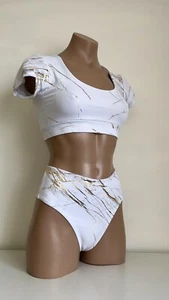 Schminke 🤍 Pole dance set pole-wear white marble gold marbling T top & bottoms - Bild 1 von 21