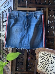 Denim Skirt Sz 10 W/sporty Braid Trim Frayed Hem Cotton Elastane High Waisted. - Picture 1 of 6