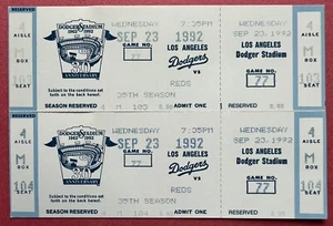 1992 Dodgers ⚾️ 35th Season (2) Unused Tickets vs. Reds Sept. 23, 1992 EX-NM - Picture 1 of 2