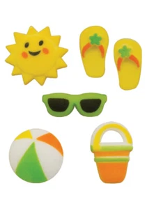 Summer Beach  Sugar Top Decor - Sun, Sunglasses, Flip flops, Pail, Ball,  12 pk - Picture 1 of 3