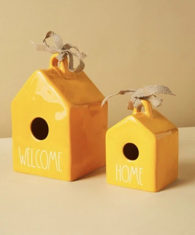 BNIB RAE DUNN SET OF 2 ORANGE CERAMIC WELCOME & HOME BIRDHOUSES! Cover