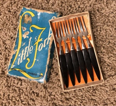 Tenedores de fiesta vintage Little Fork 6 aperitivos de cóctel caja original años 50 negros  Foto 1 de 4