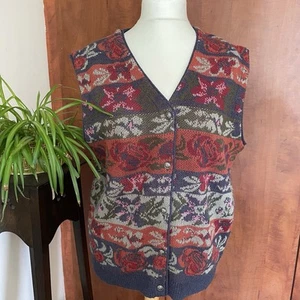 Vtg Button Down Knitted Vest Size L / XL Retro Floral Autumn Waistcoat - Picture 1 of 6