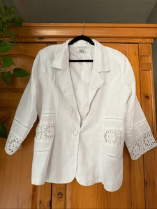 EY Signature 100% Linen White Blazer Size 1X Lace Detail & Single Button Front - Picture 1 of 12