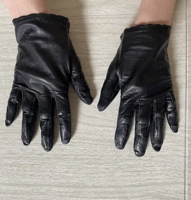 复古 70 年代 80 年代皮革黑色手套手腕长度扇形边缘尺寸 6.5 — 第 1/4 张图片