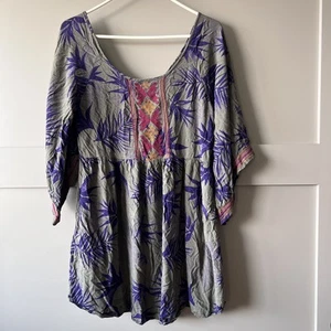 Roxy Tunic Dress Womens Medium Green Purple Leaf Boho Embroidered Festival Top - Picture 1 of 11