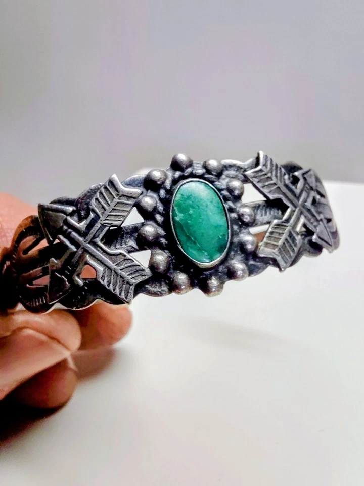 Fred Harvey Era Coin Silver-Signed Turquoise Native American Cuff Bracelet - Image 1 of 4
