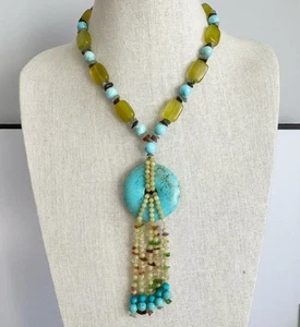 Turquoise Donut Chunky Natural Stone Bohemian Necklace Citrine Amber Sterling - Picture 1 of 12