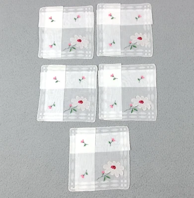 5 Vintage White Sheer Hanky Embroidered Pink Flowers Handkerchief Switzerland - Image 1 of 4