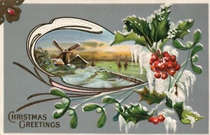 Auguri di Natale Scenico Mulino a Vento Barche a Vela sul Lago Agrifoglio Cartolina 224 - Foto 1 di 2