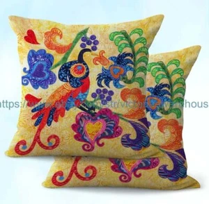 Set of 2 Mexican fiesta floral birds plants cushion cover sofa throw pillow case - Picture 1 of 3