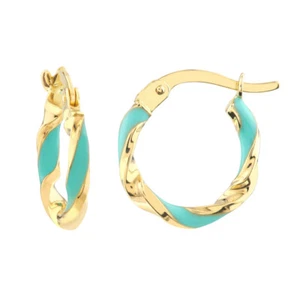 Orecchini A Cerchio A Vortice Turchese In Smalto 10Mm X 2Mm In Oro Giallo 14K - Foto 1 di 5