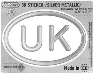 1x UK OVAL GEL DOME CAR STICKER Silver 125 mm x 83 mm Resin Decal 3d Domed Badge