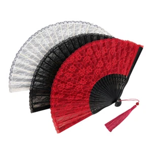 Bamboo Hand Fans Crafts Lace Folding Fold Black Fan Women's Dance Bamboo Fan - Picture 1 of 9