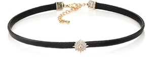 Kenneth Jay Lane Floral Charm Choker Kunstleder Kristall Halskette verstellbar - Bild 1 von 3