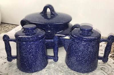Tazón para servir cerámica moteada azul con tapa de asas azúcar y crema a juego 6 piezas Foto 1 de 4