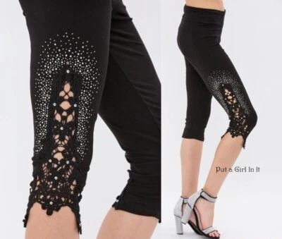 New VOCAL Womens CRYSTAL BLING SOFT BLACK LACE CAPRI LEGGINGS S M L XL 1X 2X 3X - Image 1 of 4