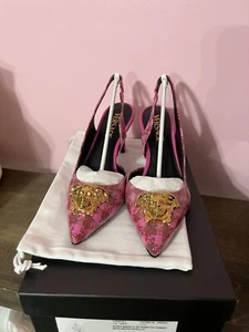 Versace Women's Pink Medusa Leather Heeled Sandals Sling Back Shoes Size 36 - Picture 1 of 4