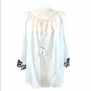 Unique Spectrum Gr. 1X weiß mit blauer bestickter Spitze Boho 3/4 Schlagärmel Bluse - Bild 1 von 12