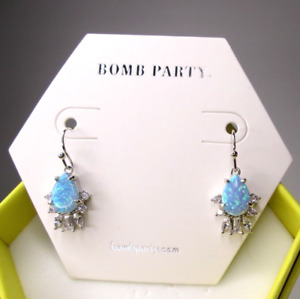 Bomb Party Earrings "Pure Bliss" Light Blue Fire Opal Rhodium Plating Dangle NEW