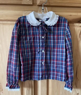 VINTAGE GIRL’S PLAID L/S LACE TRIM COLLAR & SLEEVES BLOUSE SZ 4 - Image 1 of 4