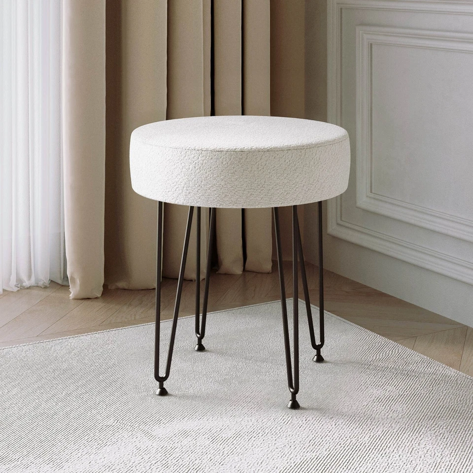 Alaya Ivory Bouclé fabric Stool with Black Hair Pin Legs - Image 1 of 4