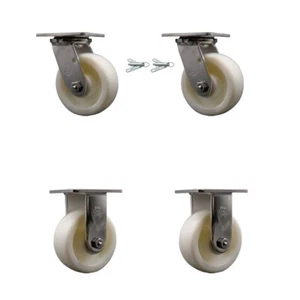 5 Inch 316 Stainless Steel Nylon Caster Set w/Ball Bearing 2 Swivel Lock 2 Rigid - Picture 1 of 5