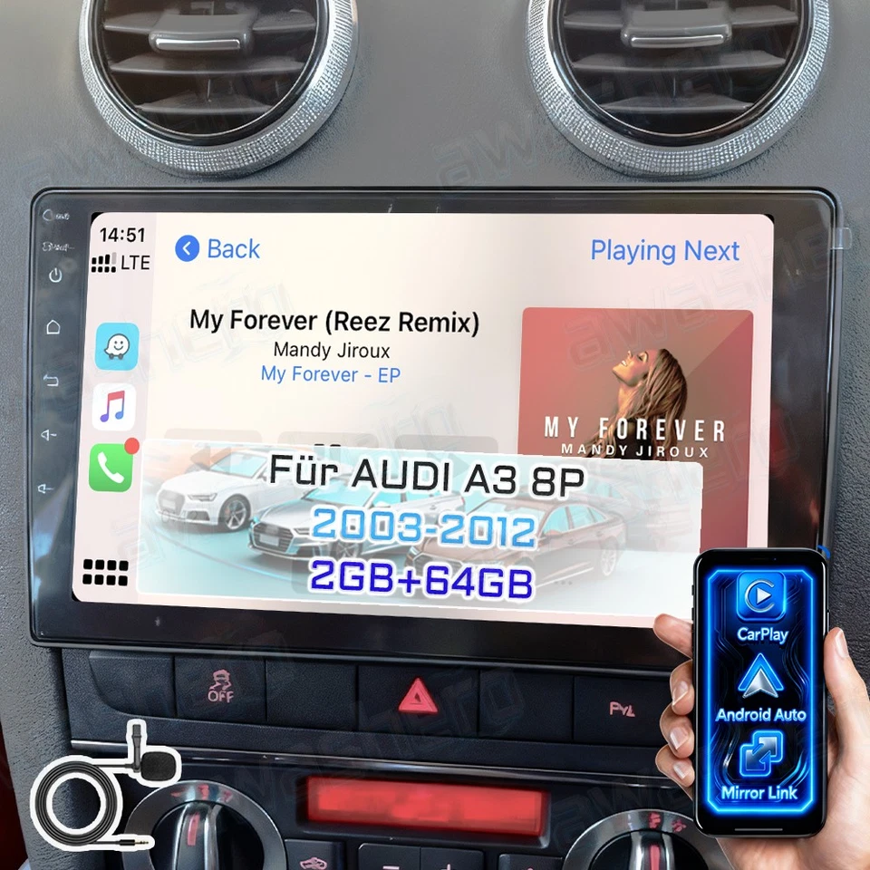4GB+64G Android15 Autoradio Für Audi A3 S3 RS3 8P Carplay GPS Navi FM BT WiFi FM - Bild 1 von 4