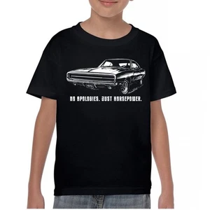 No Apologies Just Horsepower Youth T-shirt Vintage '70 Muscle Car Classic Kids - Picture 1 of 36