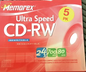 Memorex CD-RW 5 Pack 700MB 80 Min 24x Rewritable Discs Sealed New Retro Media - Picture 1 of 5